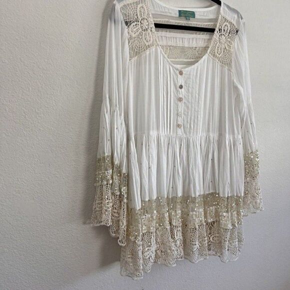 Amlica Santoria by Giacomo Cinque White Sequin Lace Tiered Tunic Boho Dress OS - Picture 12 of 12